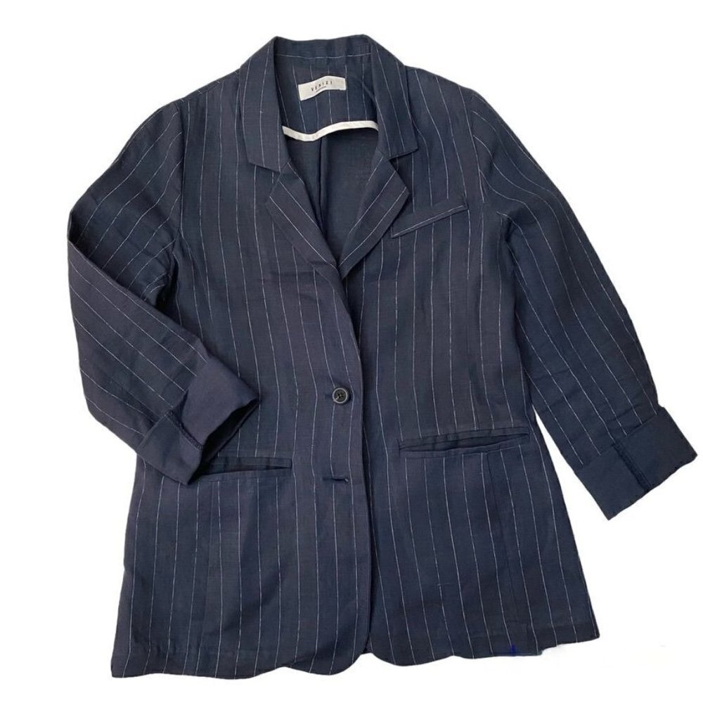 Unbranded Lightweight Linen Stripe Blazer Navy 3/4 Sleeve Casual Size Small